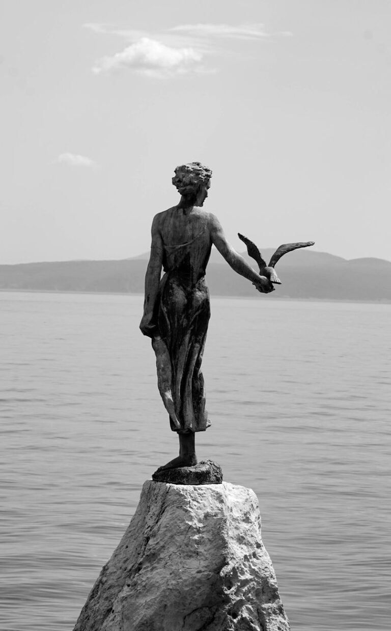 a grayscale of the maiden with the seagull statue